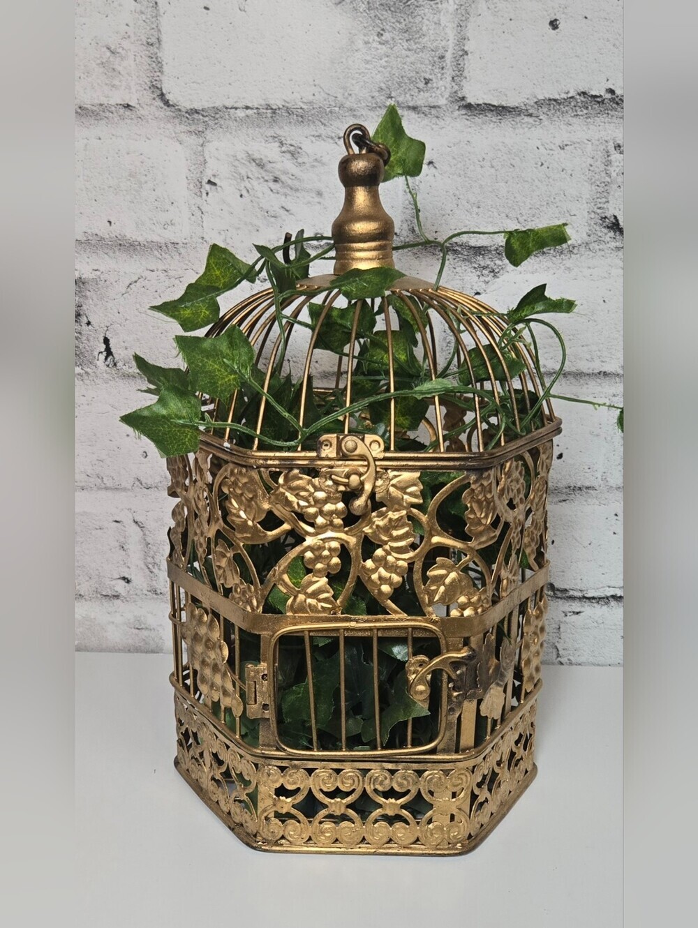 Vintage Gold Tone Hanging Bird Cage Grape Vine Hollywood Regency Decor